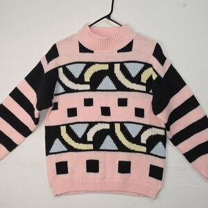 Vintage 16th Street Geometric Abstract Knit Sweater Pink Black Striped Mock Neck